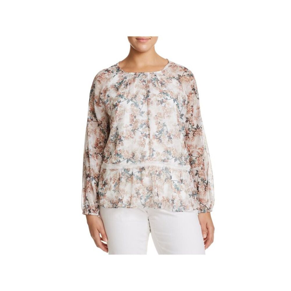 GLAMOROUS CURVE Womens Sheer Crochet Blouson Sleeve Round Neck Peplum Top